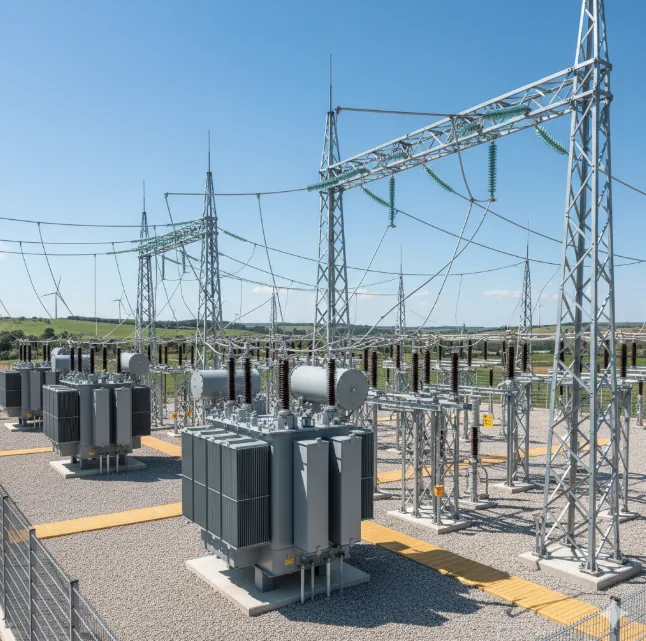Stacja elektroenergetyczna z transformatorami i liniami wysokiego napięcia